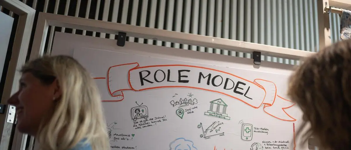 Auf einem Plakat steht das Wort „Role Model“ darunter Zeichnungen einer Ärztin und verschiedener medizinischer Gegenstände