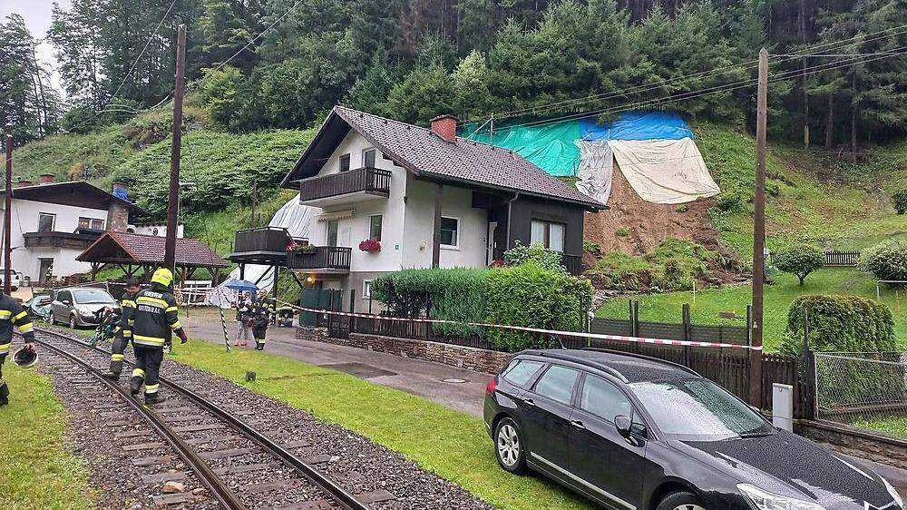 Seit Samstagmittag bedroht eine Hangrutschung ein Einfamilienhaus in der Breitenau