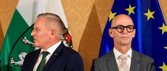 Landeshauptmann Mario Kunasek (FPÖ) und Finanzlandesrat Willibald Ehrenhöfer (ÖVP)