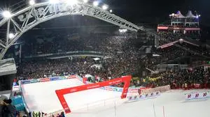 SCHLADMING,AUSTRIA,24.JAN.23 - ALPINE SKIING - FIS World Cup, Nightrace, night slalom, men. Image shows an overview of the finishing area. Photo: GEPA pictures/ Mario Buehner