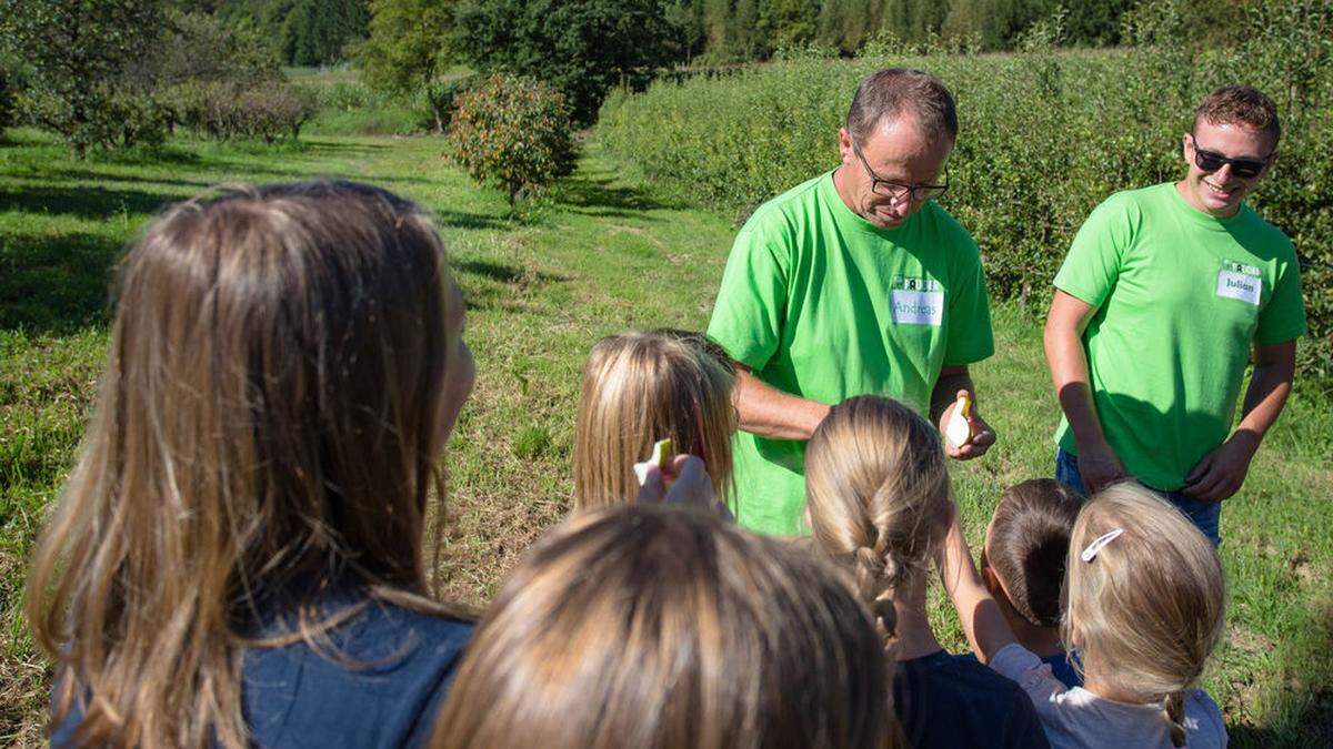 Andreas und Julian Pauger führen die Kinder durch den Obstgarten ihres Betriebes in Obergroßau