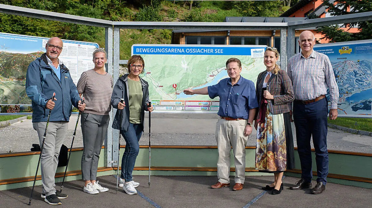 V.l.: Klaus Glanznig (SPÖ), Bürgermeister der Gemeinde Treffen, Andrea Enders, Veronika Zorn-Jäger, Erwin Fleischacker und Eva Hoffmann vom Tourismusverband Gerlitzen Alpe - Ossiacher See sowie Georg Overs, Geschäftsführer der Region Villach Tourismus GmbH waren bei der Eröffnung