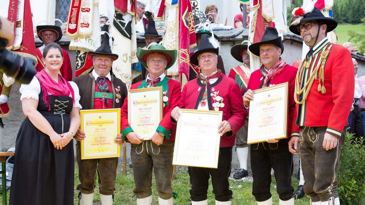 Olga Reisner, Karl Leiter, Jakob Bergmann, Adolf Mayr, Josef Fritzer mit Robert Werth, Tiroler Landesstabführer