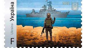 Ukrainische Briefmarke zeigt dem russischen Kriegsschiff Moskwa den Mittelfinger
