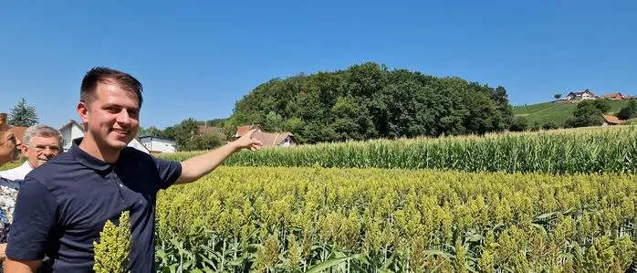 Raphael Kaufmann auf dem Acker mit Hirse und Mais, den er seit zwei Jahren gepachtet hat