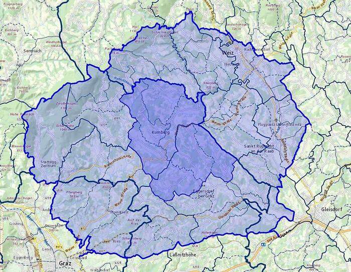 dunkelblau: Schutzzone; hellblau: Überwachungszone