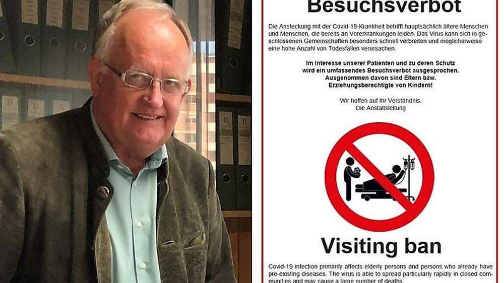 Mit solchen Aushängen wird in den LKH Hochsteiermark-Standorten in Bruck und Leoben auf das Besuchsverbot hingewiesen, wie der ärztliche Leiter Heinz Luschnik bestätigt.