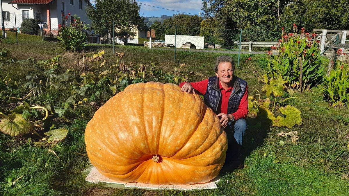 Horst Jöbstl ist stolz auf seinen 396,5 Kilogramm schweren Kürbis