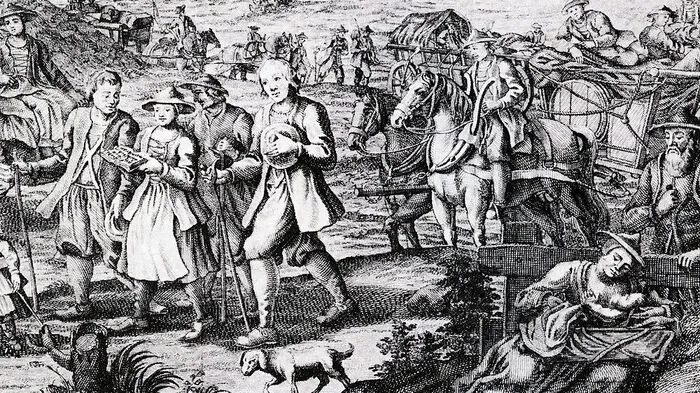 Darstellung aus dem 18. Jd.: Protestanten auf dem Weg in die Emigration. 
