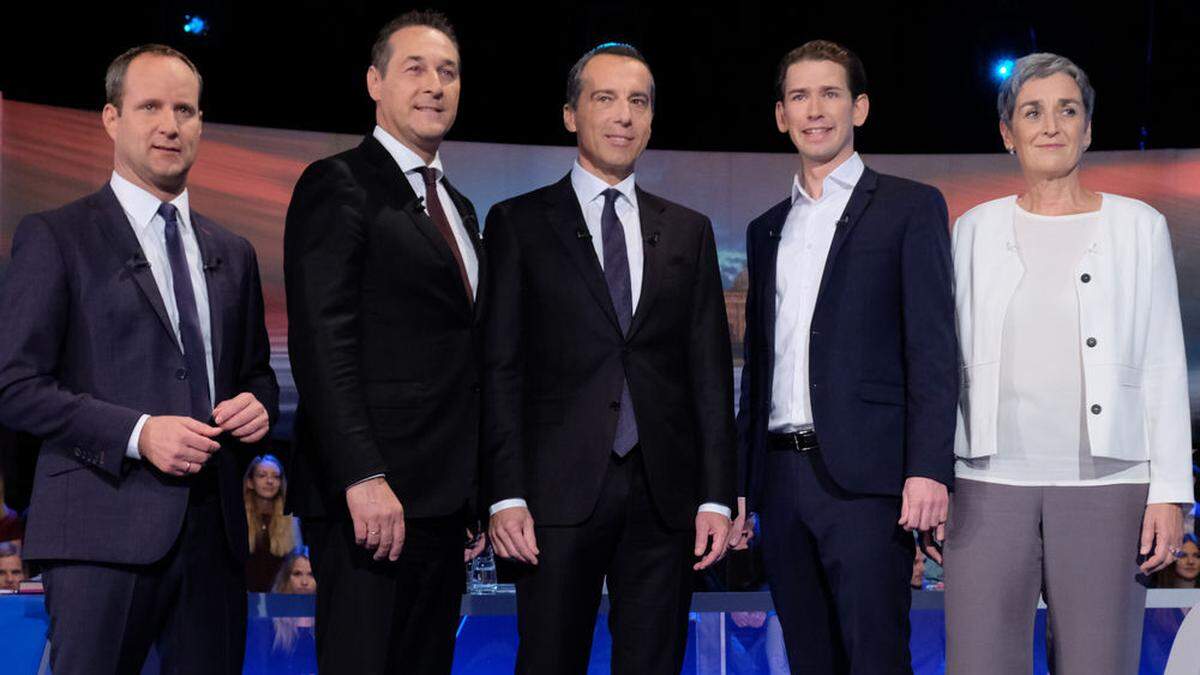 Wahl 17: Runde der Spitzenkandidaten: Im ORF stellten sich Christian Kern (SPÖ), Sebastian Kurz (ÖVP), Heinz-Christian Strache (FPÖ), Ulrike Lunacek (Die Grünen) und Matthias Strolz (NEOS) den Fragen der Moderatoren 