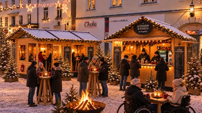 KI generiertes Bild, das schneebedeckte Adventhütten auf einem Platz zeigt, davor ein Feuer in einer Feuerschale und zwei Personen im Rollstuhl