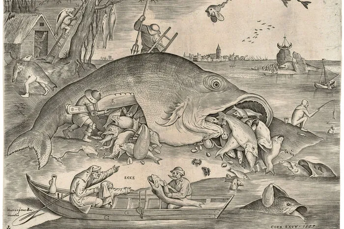 "Die großen Frische fressen die kleinen". Kupferstich von 1557 von Pieter van der Heyden nach Pieter Bruegel d. Ä. Albertina Wien