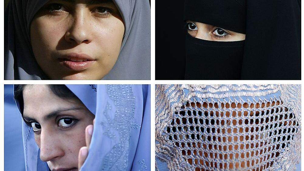 Tschador, Niqab, Hijab und Burka (von links oben nach rechts unten)