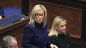 Sinn Fein vice-president Michelle O'Neill speaks after being appointed Northern Ireland's First Minister, during proceedings of the Northern Ireland Assembly, in Belfast, Saturday, Feb. 3, 2024. An Irish nationalist has made history by becoming Northern Ireland's first minister. Sinn Fein Vice President Michelle O’Neill is expected to be chosen as first minister as the government returns to work after a two-year boycott by unionists. (Liam McBurney/PA via AP)
