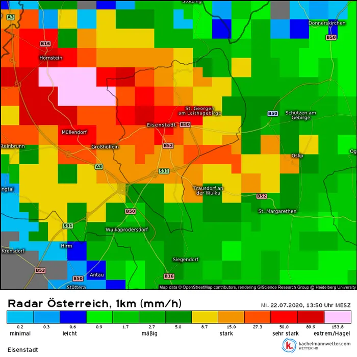 Die Gewitterfront mit Hagel, die über Eisenstadt-Umgebung hinweg zog