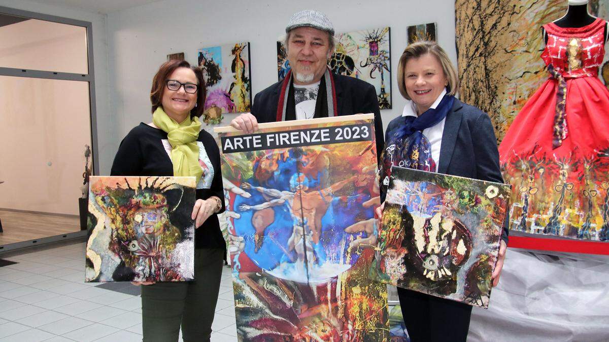 Die Künstler Maria Trattner (links), Daniel Hofer (Mitte) und Arthena Maxx (rechts) stellen bald in Florenz und Voitsberg aus