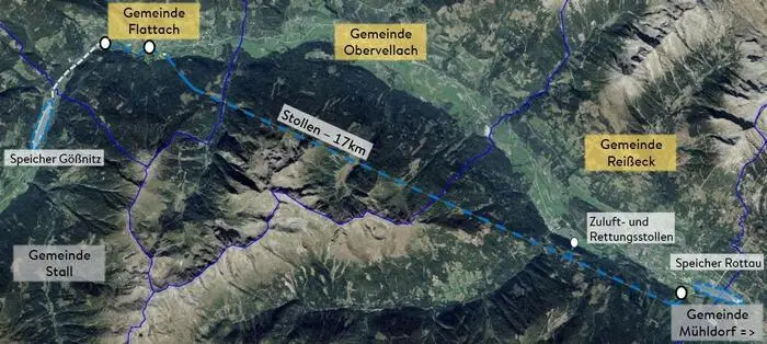 Am Ende des 17 Kilometer langen Stollens (rechts) soll das Kraftwerk Kolbnitz entstehen