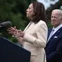 (FILES) US President Joe Biden looks on as US Vice President Kamala Harris delivers remarks during National Small Business Week in the Rose Garden of the White House in Washington, DC, on May 1, 2023. US President Joe Biden announced July 21, 2024 that he is dropping out of his reelection battle with Donald Trump, in a historic move that plunges the already turbulent 2024 White House race into uncharted territory. Biden also said he was endorsing Vice President Kamala Harris as the Democratic nominee for the 2024 election after he dropped out of the race. (Photo by Brendan SMIALOWSKI / AFP)
