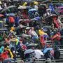 Spectators hold umbrellas to protect against the rain as they follow the first practice session at the Autodromo Nazionale circuit in Monza on September 6, 2019 ahead of the Italian Formula One Grand Prix. (Photo by Miguel MEDINA / AFP)