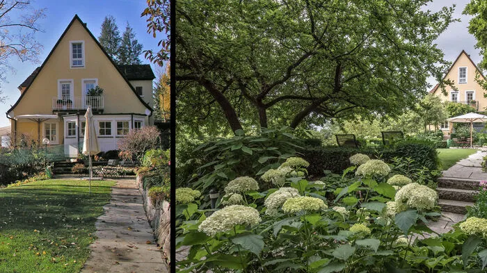 Ein Blick auf das erhöht im Garten liegende Haus - vor der Umgestaltung und danach
