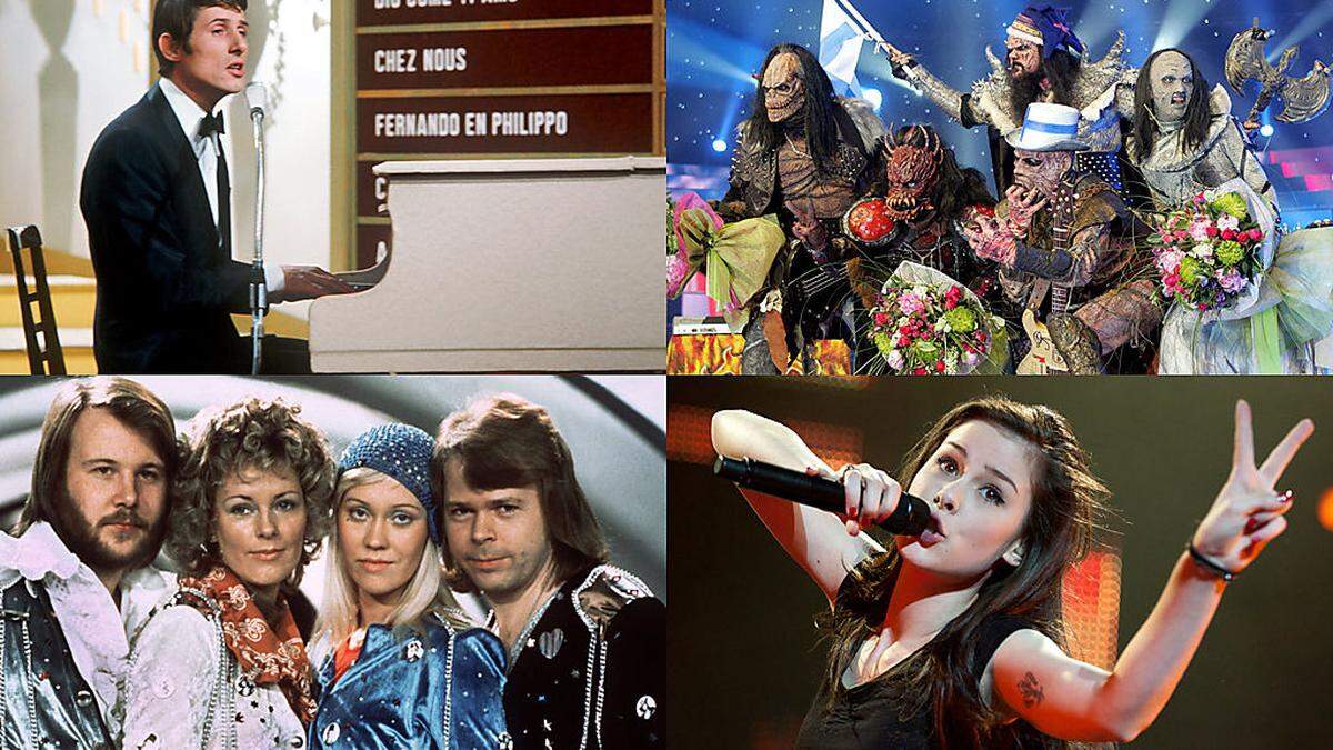 Von links oben im Uhrzeigersinn: Udo Jürgens (1966), Lordi (2006), Lena Meyer-Landrut (2010) und ABBA (1974)