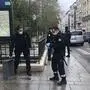 Police officers stand by a knife, seen on the ground, in Paris, Friday, Sept. 25, 2020. French terrorism authorities are investigating a knife attack that wounded at least two people Friday near the former offices of the satirical newspaper Charlie Hebdo in Paris, authorities said. A suspect has been arrested. (Soufian Fezzani Via AP)
