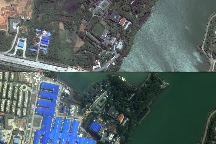 Das damals neu errichtete Huoshenshan Hospital in Wuhan - der Platz vorher und nachher