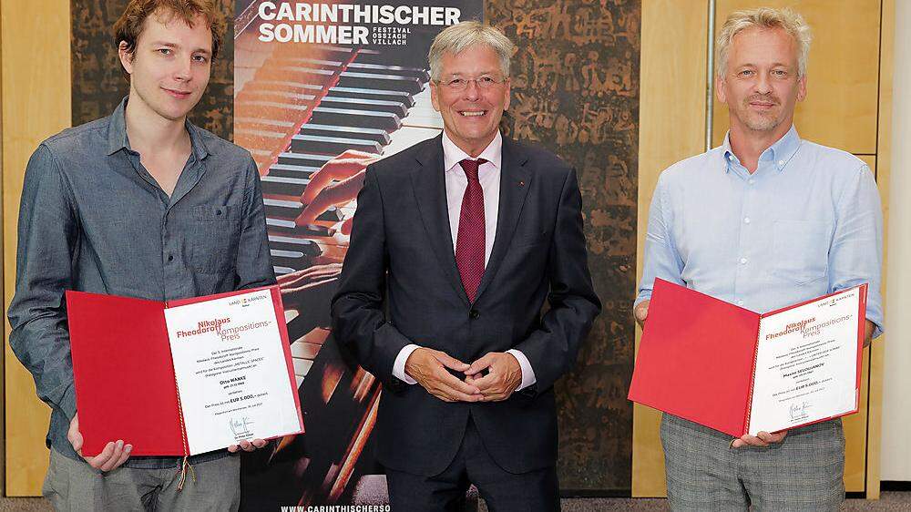 Die Preisträger Otto Wanke und Maxim Seloujanov mit LH Peter Kaiser