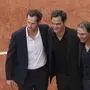 Rafa Nadal, second right, poses with, from left, Andy Murray, Roger Federer and Novak Djokovic, right, during a farewell ceremony at center court Philippe-Chatrier, at the Roland-Garros stadium, in Paris, Sunday May 25, 2025. (AP Photo/Christophe Ena)