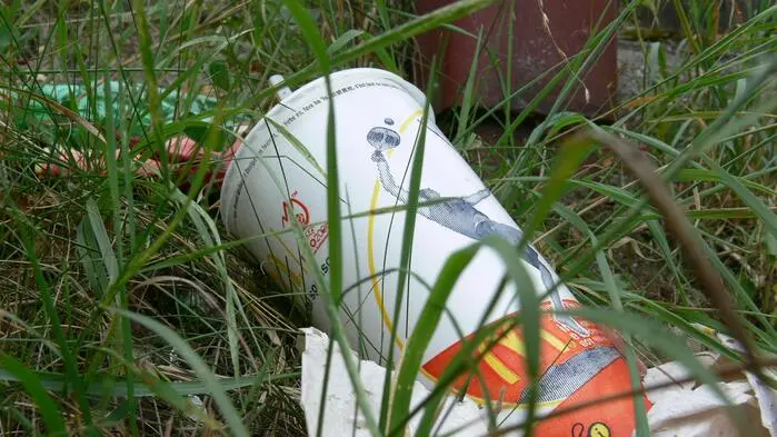 Ein Papierbecher mit Strohhalm liegt im Gras