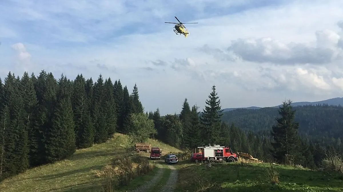Der schwer verletzte Forstarbeiter wurde mit dem Rettungshubschrauber geborgen und abtransportiert