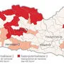 Vor allem Oberkärnten ist auf der Radonkarte "rot" eingefärbt. In diesen Gemeinden gab es durchschnittliche Messwert über 400 Bq/m³
