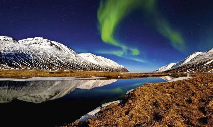 Über dem Hedinsfjordur im Norden Islands tanzen die Polarlichter am Himmel