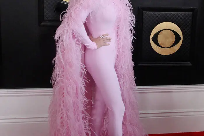 In einem Cape aus rosa Federn und einem dazupassenden Anzug von Valentino absolvierte Kacey Musgraves ihren Auftritt am roten Teppich.