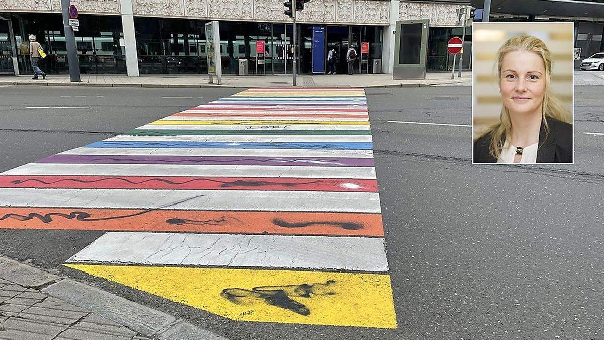 Großes Bild: Vandalismus am neuen Regenbogen-Zebrastreifen in Leoben; Kleines Bild: Daniela Grabovac