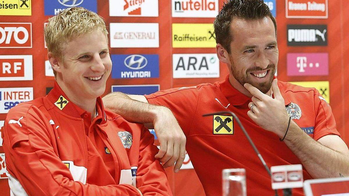 Martin Hinteregger und Christian Fuchs hatten beim Pressegespräch viel Spaß