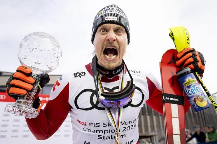 SAALBACH,AUSTRIA,17.MAR.24 - ALPINE SKIING - FIS World Cup Final, slalom, men. Image shows Manuel Feller (AUT). keywords: crystal globe
Photo: GEPA pictures/ Patrick Steiner
