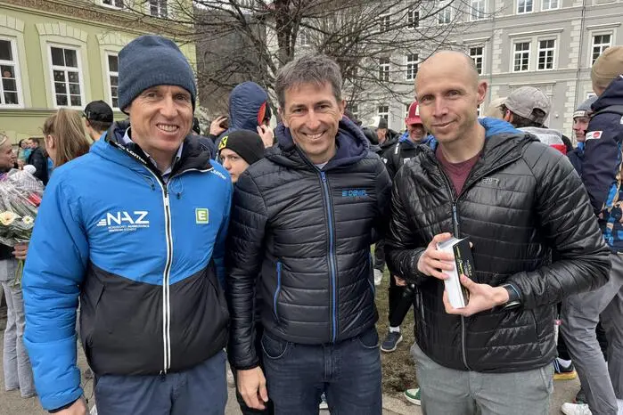 NAZ-Geschäftsführer Christian Schwarz, Willi Denifl, langjähriger Trainer des Damen-Nationalteams, und Reini Alex, Biathlon-Trainer im NAZ Eisenerz