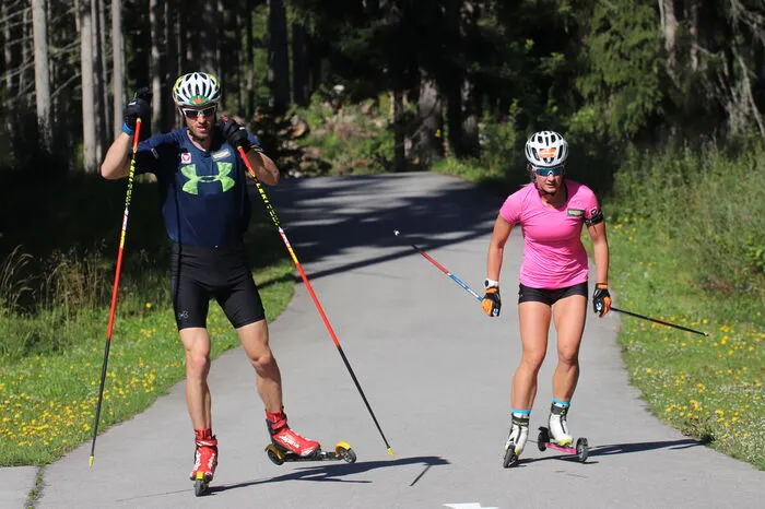 Dominik Landertinger und Katharina Innerhofer auf der Rollerstrecke.