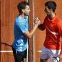 Austria's Dominic Thiem, left, is congratulated by Serbia's Novak Djokovic after their men's semifinal match of the French Open tennis tournament at the Roland Garros stadium in Paris, Saturday, June 8, 2019. Thiem won 6-2, 3-6, 7-5, 5-7, 7-5 . (AP Photo/Pavel Golovkin)