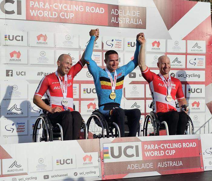 Thomas Frühwirth, Jonas van de Steen und Alex Gritsch freuten sich über ihre Podestplätze beim ICU Paracycling-Road-Worldcup in Australien