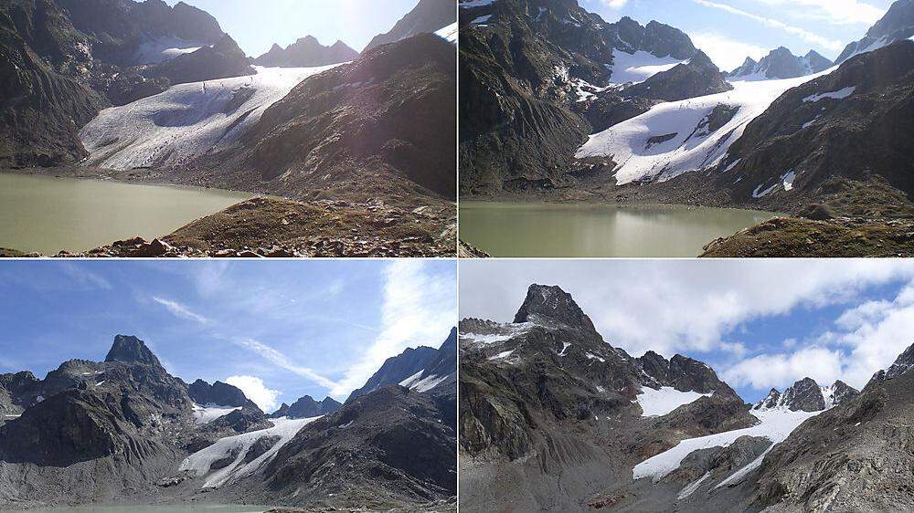Blick vom Schweikertsee auf den Schweikertferner und den Fuß des Rofelewand-Massivs in den Jahren 2011, 2014, 2016 und 2018 (im Uhrzeigersinn)