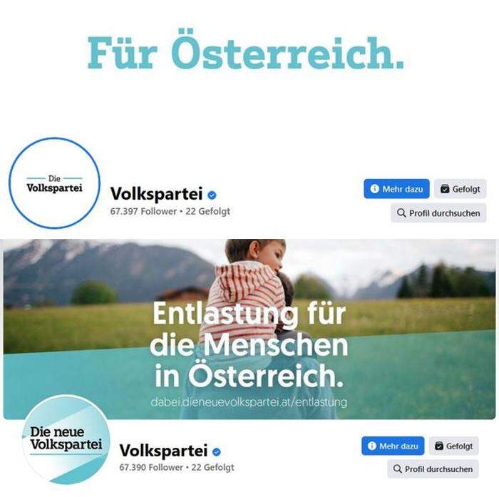 Mit Beginn des Parteitags tritt die ÖVP auch auf ihren Social-Media-Kanälen mit neuem Namen – ohne den Zusatz "neue" – und neuem Logo auf. 