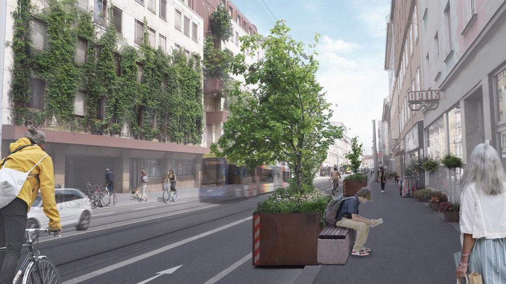 Stadteinwärts wird der Platz neu verteilt: Autos und Straßenbahn teilen sich künftig eine Spur. Ein Radweg wird angelegt, für Fußgänger steht mehr Platz zur Verfügung. Bänke und Grün kommen