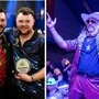 Die beiden Finalisten Jonny Clayton (li.) und Josh Rock sowie einer von vielen gut gelaunten Zusehern, welche die Halle rockten