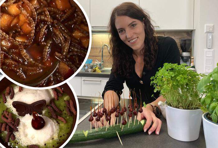 Donnerstags-Kandidatin Lisa kochte "tierisch" auf - im Bild der Apfel-Mut-Mix mit Mehlwürmern und das Dessert mit Schoko-Würmern