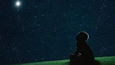 child sit on the grass at night and look at the christmas night sky