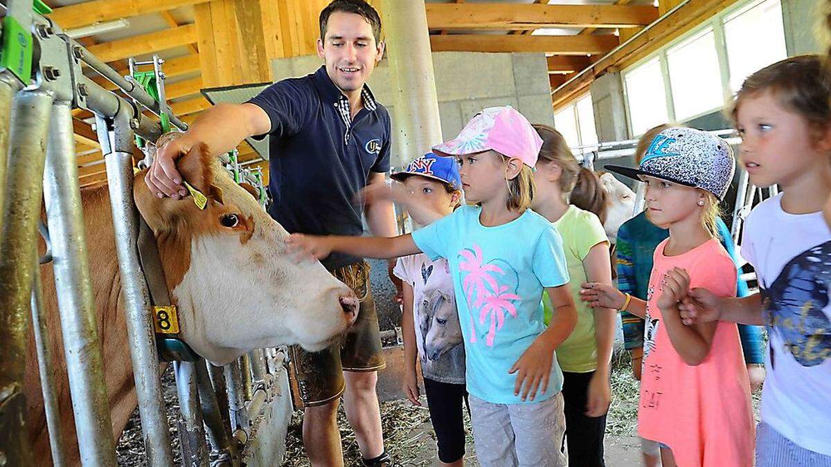 Kuh Mira lässt sich gerne von Annika Röblreiter streicheln. Jungbauer Stefan Ratheiser erklärt den Kindern, warum die Tiere Ohrmarken tragen