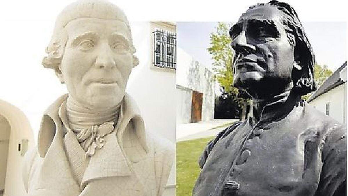 Büsten zweier ganz Großer: links Joseph Haydn im Landesmuseum Eisenstadt, rechts Franz Liszt vor dem Lisztzentrum Raiding  