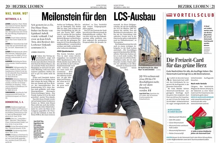 Das Leoben City Shopping ist in der Obersteiermark ein Paradebeispiel eines innerstädtischen Einkaufszentrums: https://www.kleinezeitung.at/steiermark/leoben/3937185/Meilenstein-fuer-den-LCSAusbau